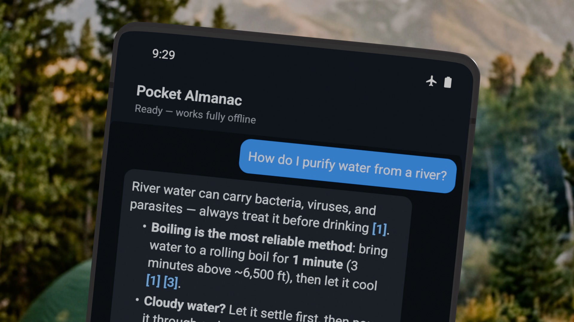Pocket Almanac outdoors, screen showing a sourced answer on purifying river water, every radio off